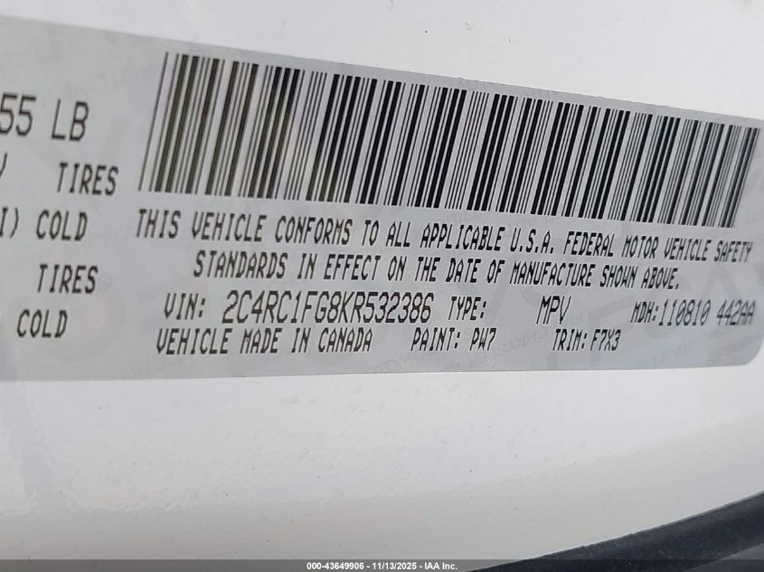 2019 Chrysler Pacifica Touring Plus VIN: 2C4RC1FG8KR532386 Lot: 43649906