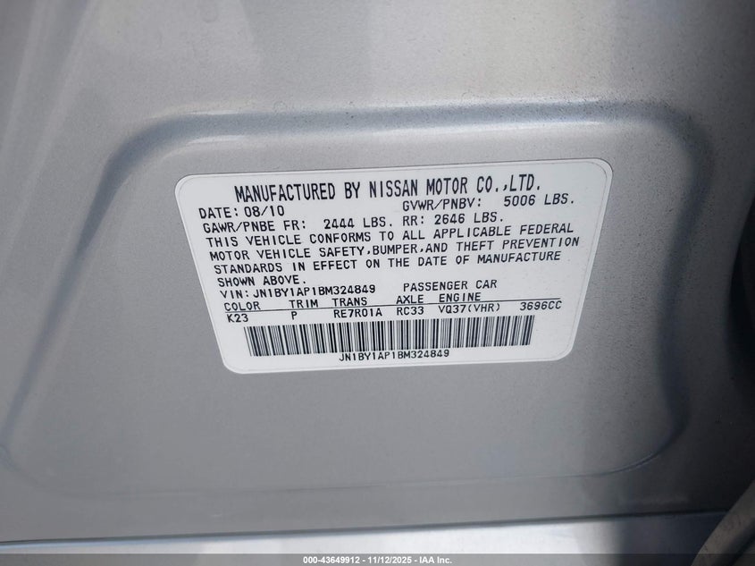 2011 Infiniti M37 VIN: JN1BY1AP1BM324849 Lot: 43649912