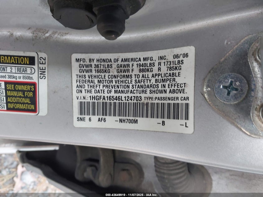 1HGFA16546L124703 2006 HONDA CIVIC photo no. 9