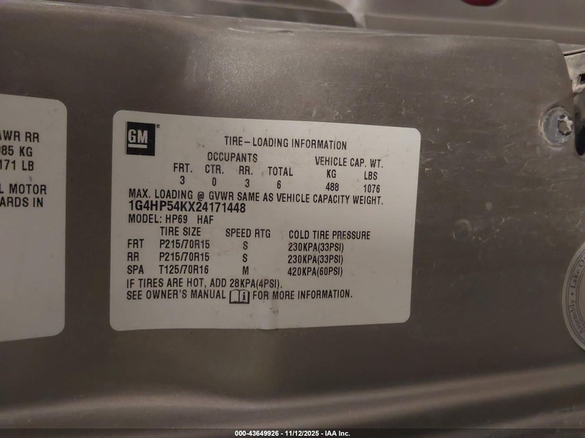 2002 Buick Lesabre Custom VIN: 1G4HP54KX24171448 Lot: 43649926