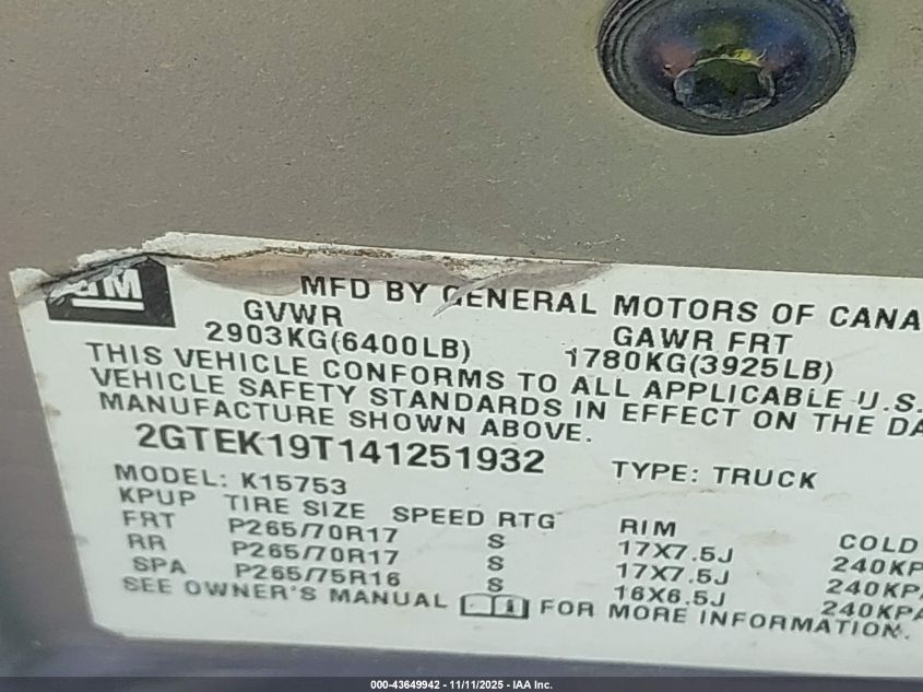 2004 GMC Sierra 1500 Sle VIN: 2GTEK19T141251932 Lot: 43649942