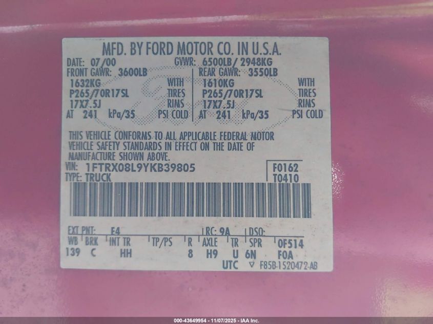 2000 Ford F-150 Lariat/Xl/Xlt VIN: 1FTRX08L9YKB39805 Lot: 43649954