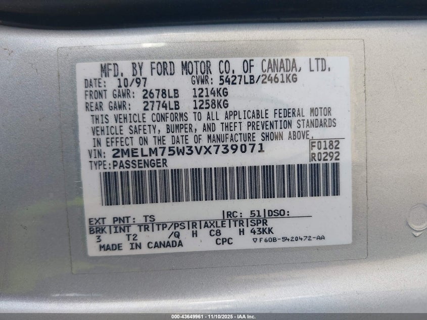 2MELM75W3VX739071 1997 MERCURY GRAND MARQUIS photo no. 9