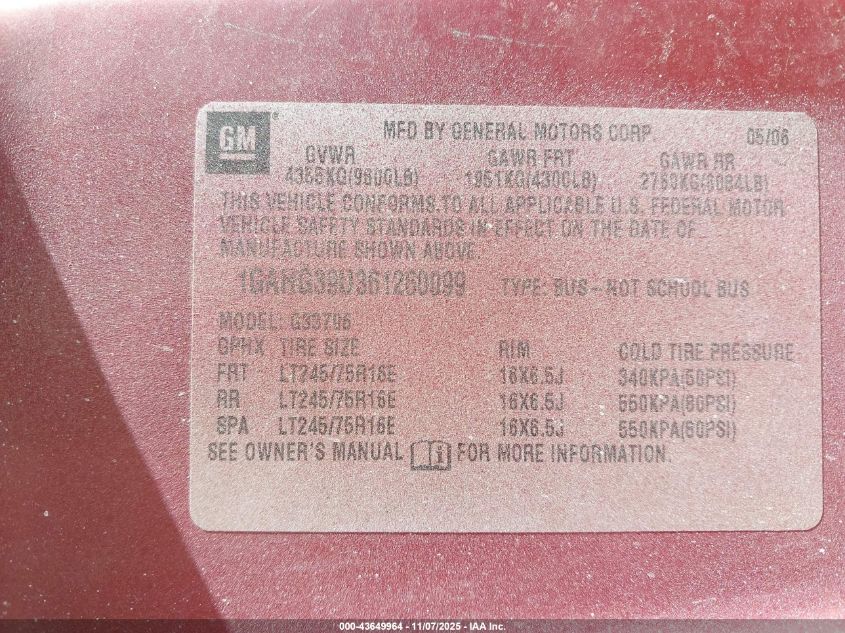 2006 Chevrolet Express Ls VIN: 1GAHG39U361260099 Lot: 43649964