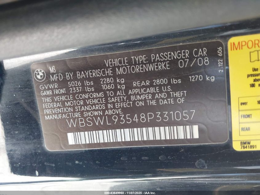 2008 BMW M3 VIN: WBSWL93548P331057 Lot: 43649968