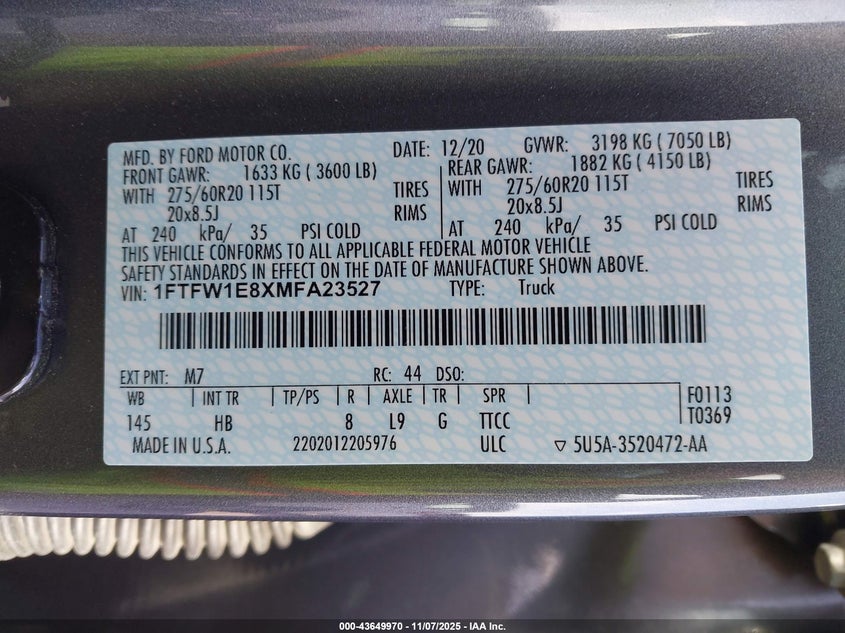 1FTFW1E8XMFA23527 2021 FORD F-150 photo no. 9
