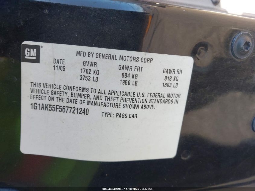 2006 Chevrolet Cobalt Ls VIN: 1G1AK55F567721240 Lot: 43649998