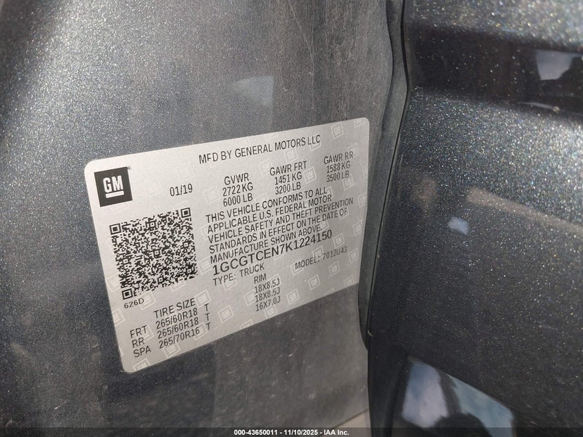 2019 Chevrolet Colorado Lt VIN: 1GCGTCEN7K1224150 Lot: 43650011