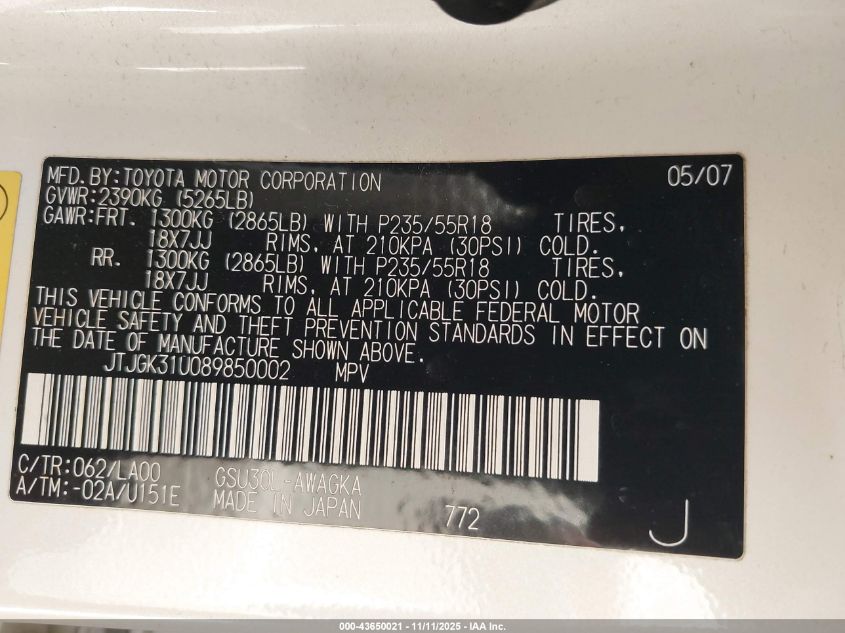 2008 Lexus Rx 350 VIN: JTJGK31U089850002 Lot: 43650021