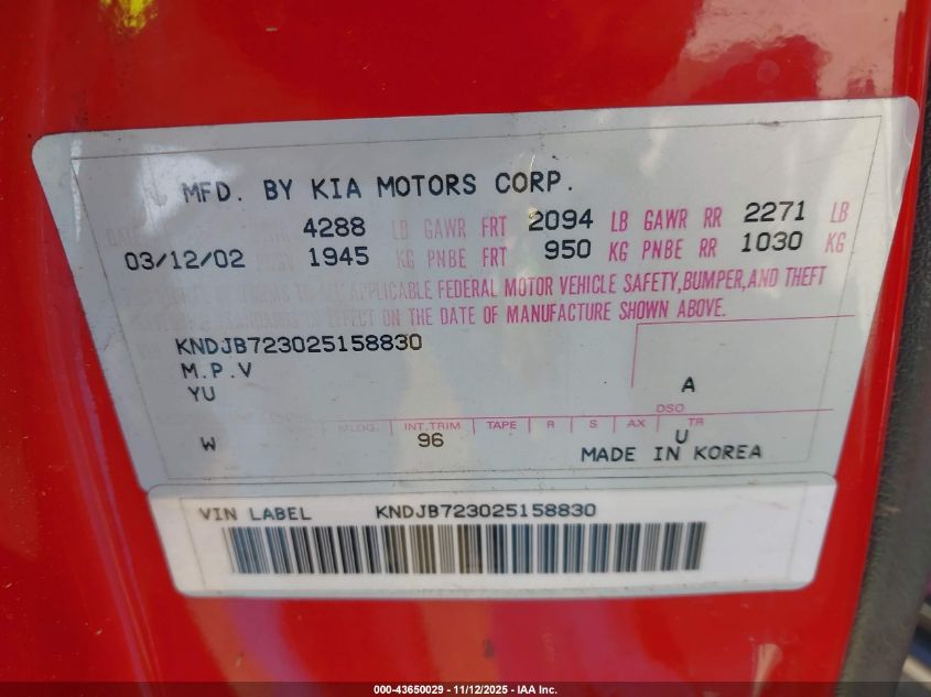 2002 Kia Sportage VIN: KNDJB723025158830 Lot: 43650029
