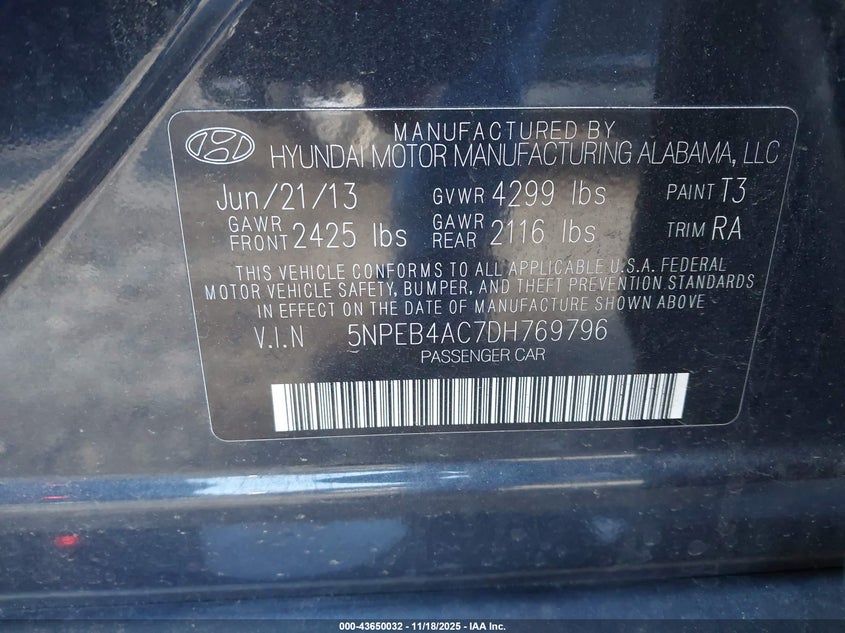 2013 Hyundai Sonata Gls VIN: 5NPEB4AC7DH769796 Lot: 43650032