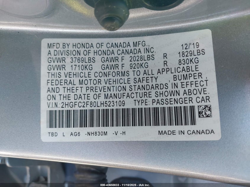 2HGFC2F80LH523109 2020 HONDA CIVIC photo no. 9
