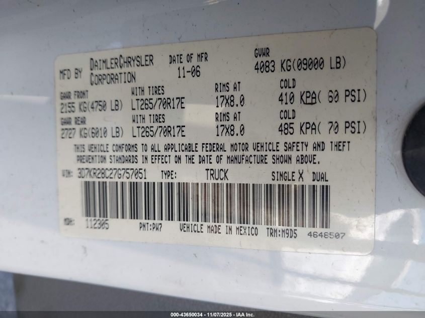 2007 Dodge Ram 2500 Slt/Sport VIN: 3D7KR28C27G757051 Lot: 43650034