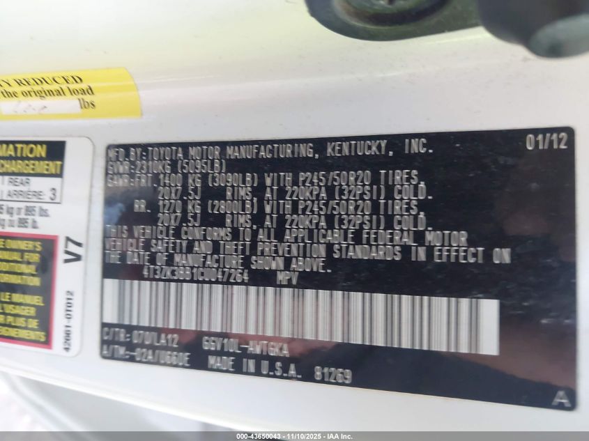 2012 Toyota Venza Limited V6 VIN: 4T3ZK3BB1CU047264 Lot: 43650043