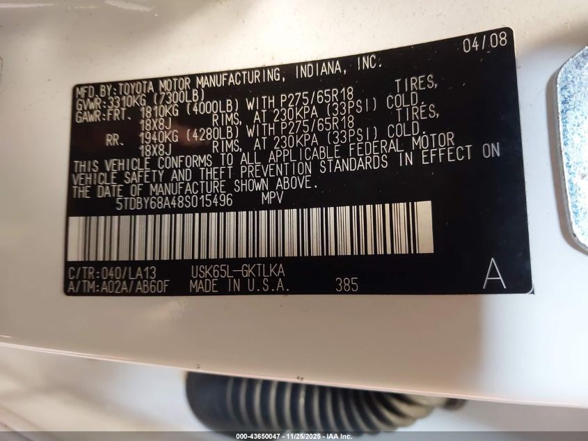 2008 Toyota Sequoia Limited 5.7L V8 VIN: 5TDBY68A48S015496 Lot: 43650047