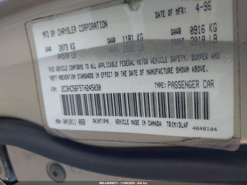 1996 Chrysler Lhs VIN: 2C3HC56F5TH245030 Lot: 43650073