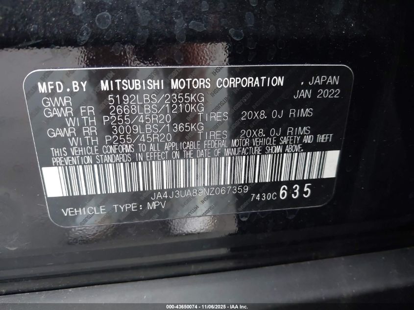 2022 Mitsubishi Outlander Se 2.5 2Wd VIN: JA4J3UA89NZ067359 Lot: 43650074