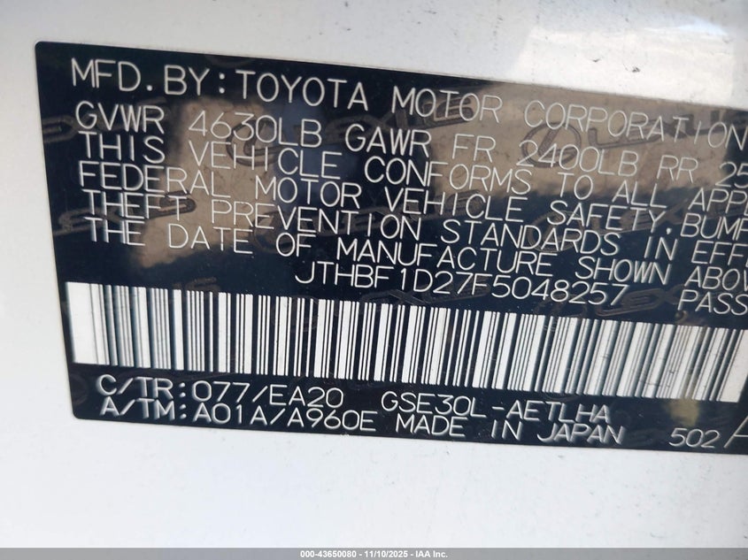 2015 Lexus Is 250 VIN: JTHBF1D27F5048257 Lot: 43650080