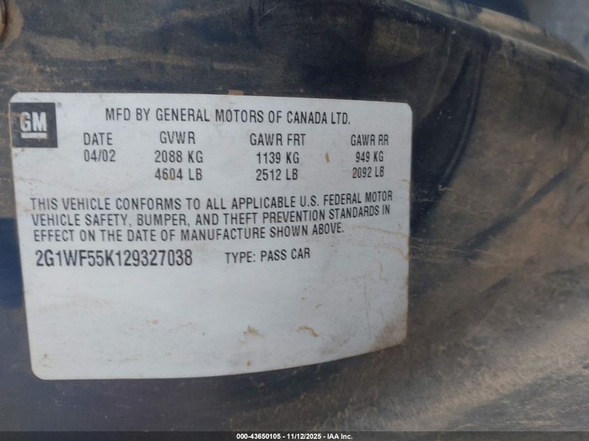 2002 Chevrolet Impala Police VIN: 2G1WF55K129327038 Lot: 43650105