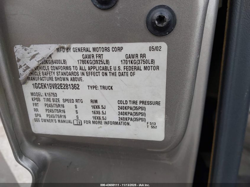 2002 Chevrolet Silverado 1500 Ls VIN: 1GCEK19V82E281362 Lot: 43650111