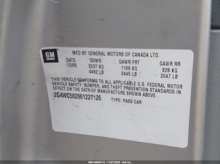 2006 Buick Lacrosse Cx VIN: 2G4WC582861227126 Lot: 43650112