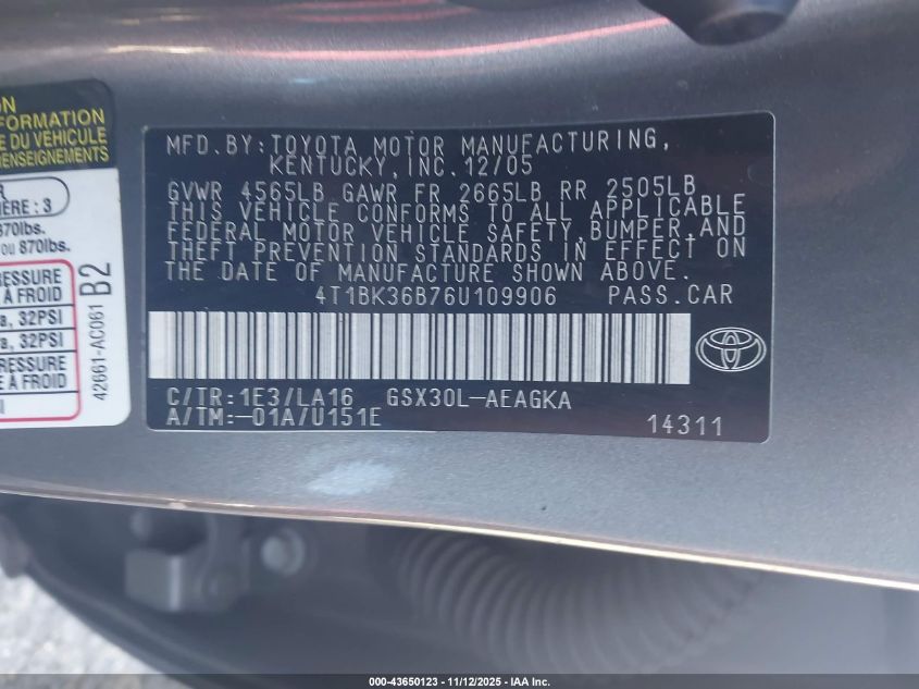 2006 Toyota Avalon Xls VIN: 4T1BK36B76U109906 Lot: 43650123