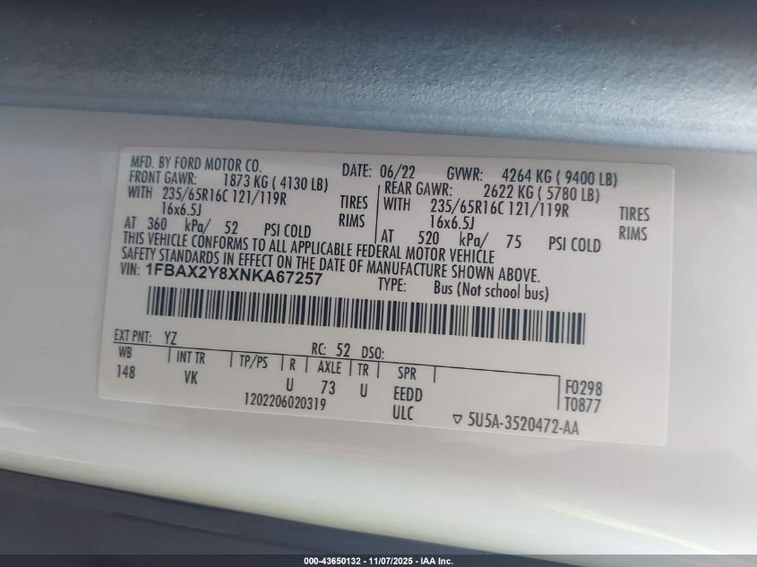 2022 Ford Transit-350 Passenger Van Xl VIN: 1FBAX2Y8XNKA67257 Lot: 43650132