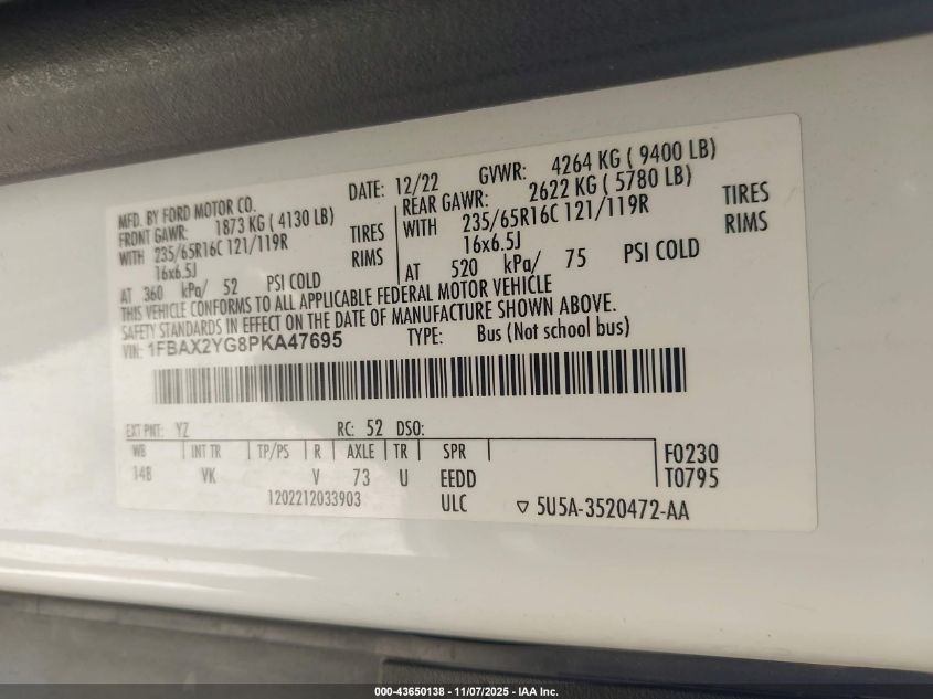 2023 Ford Transit-350 Passenger Van Xl VIN: 1FBAX2YG8PKA47695 Lot: 43650138
