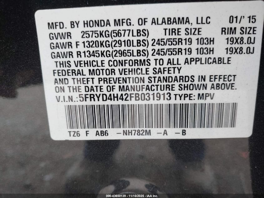 2015 Acura Mdx Technology Package VIN: 5FRYD4H42FB031913 Lot: 43650139