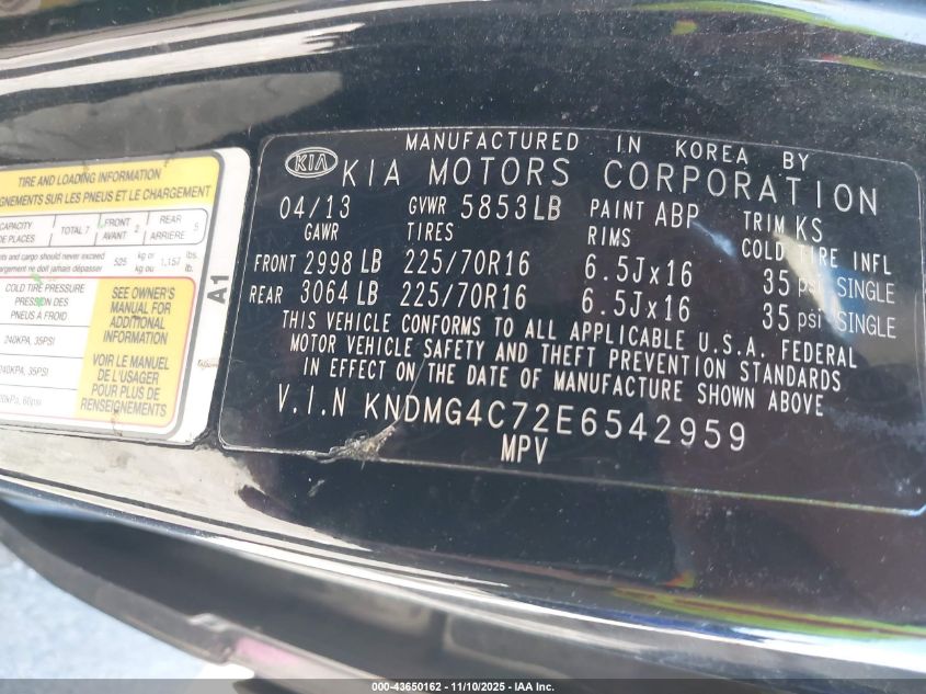2014 Kia Sedona Lx VIN: KNDMG4C72E6542959 Lot: 43650162