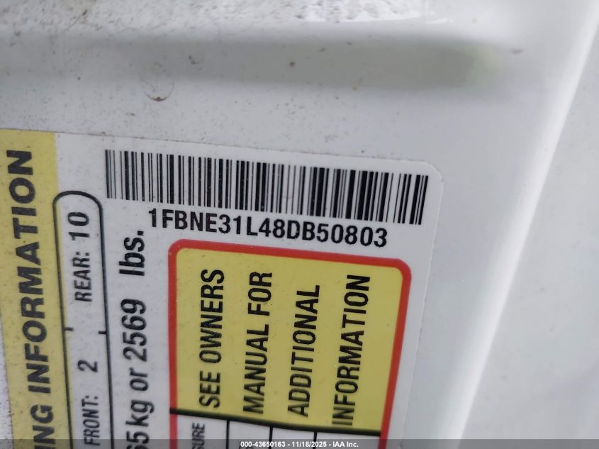 2008 Ford E-350 Super Duty Xl/Xlt VIN: 1FBNE31L48DB50803 Lot: 43650163