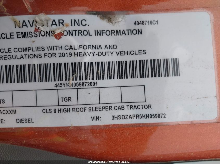 2019 International Lt VIN: 3HSDZAPR5KN059872 Lot: 43650174