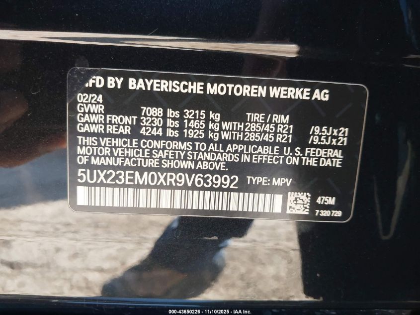 2024 BMW X7 xDrive40I VIN: 5UX23EM0XR9V63992 Lot: 43650226