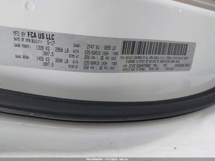 2017 Chrysler Pacifica Touring-L VIN: 2C4RC1BG0HR794921 Lot: 43650245