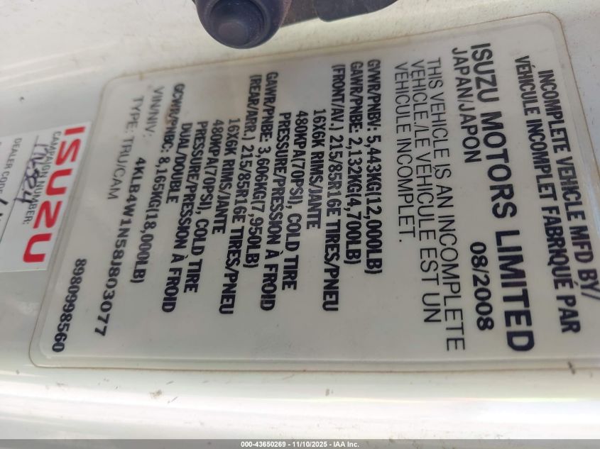 2008 Isuzu Npr Gas Reg VIN: 4KLB4W1N58J803077 Lot: 43650269