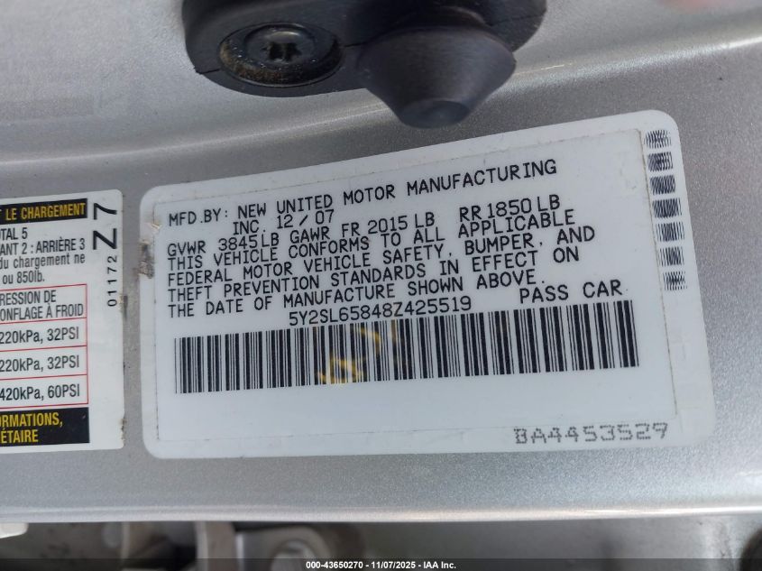 2008 Pontiac Vibe VIN: 5Y2SL65848Z425519 Lot: 43650270