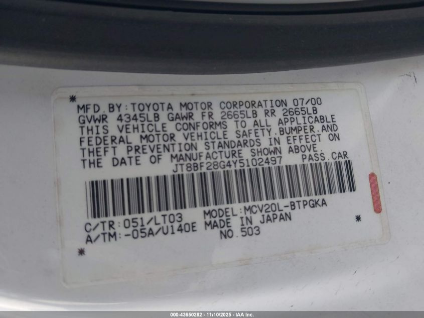 2000 Lexus Es 300 VIN: JT8BF28G4Y5102497 Lot: 43650282