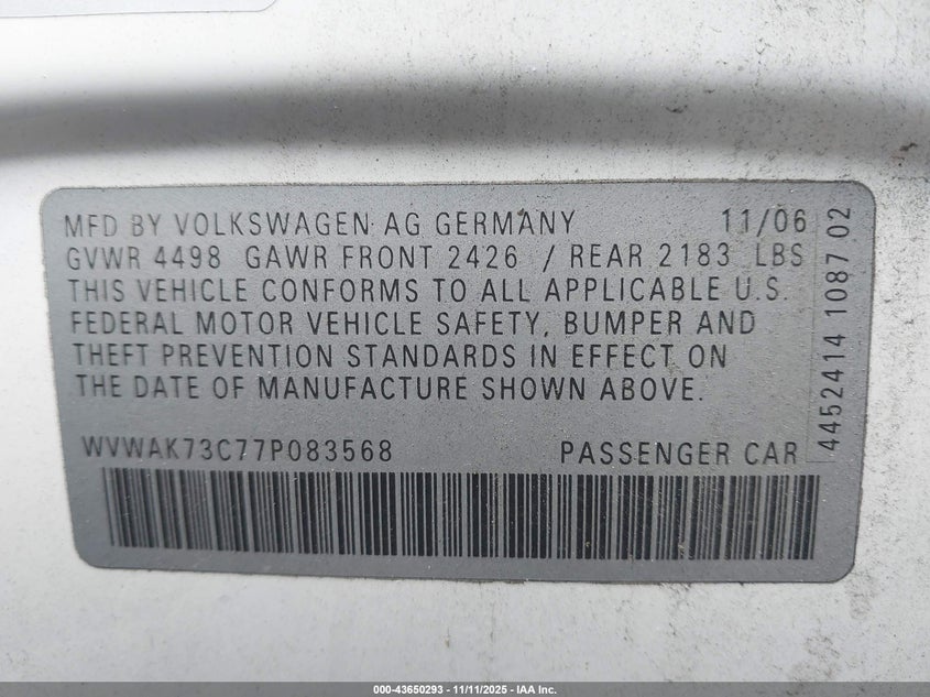 2007 Volkswagen Passat 2.0T VIN: WVWAK73C77P083568 Lot: 43650293