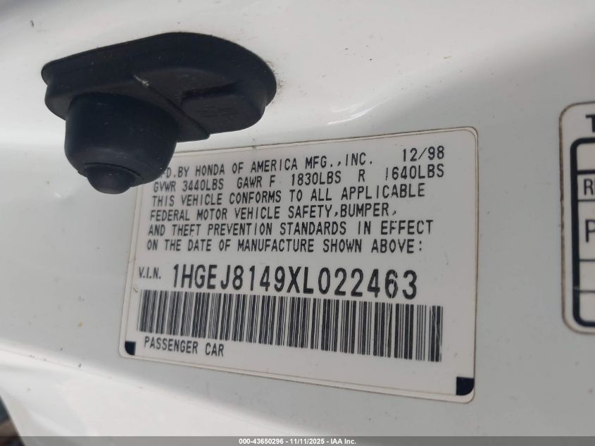 1999 Honda Civic Ex VIN: 1HGEJ8149XL022463 Lot: 43650296