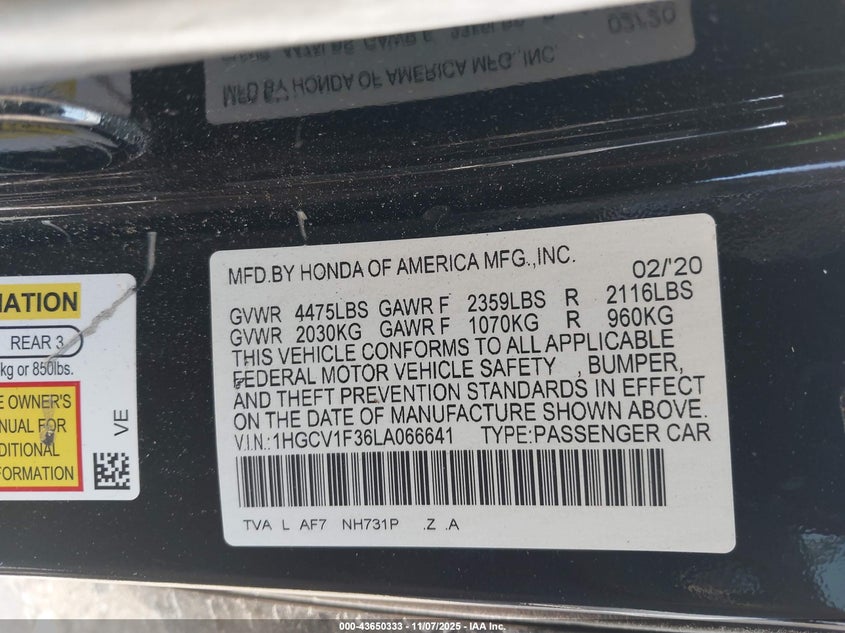 2020 HONDA ACCORD SPORT - 1HGCV1F36LA066641