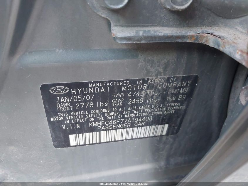 2007 Hyundai Azera Limited/Se VIN: KMHFC46F77A194403 Lot: 43650343