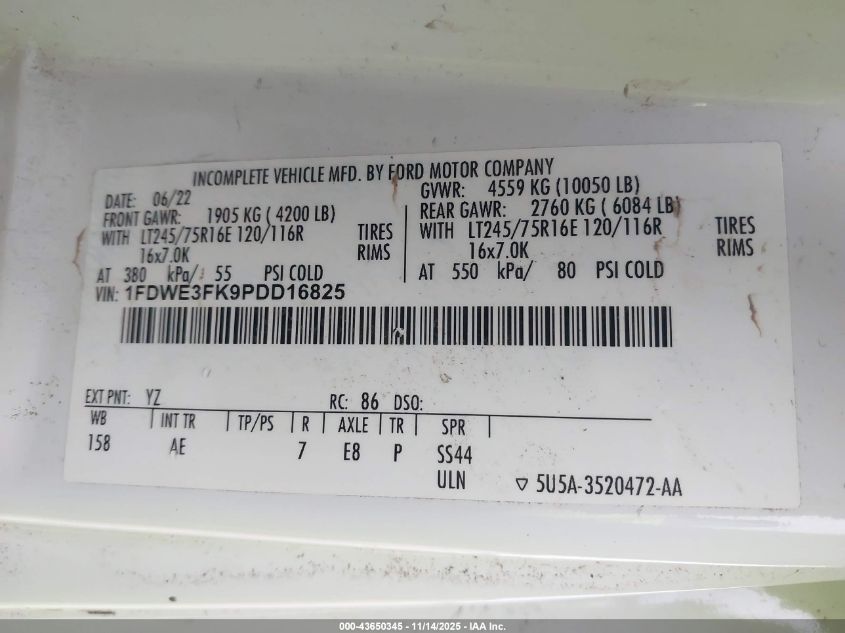 2023 Ford E-350 Cutaway VIN: 1FDWE3FK9PDD16825 Lot: 43650345