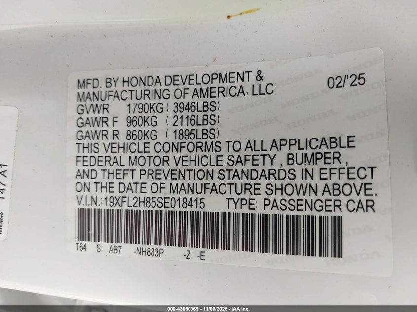 2025 HONDA CIVIC SEDAN SPORT - 19XFL2H85SE018415