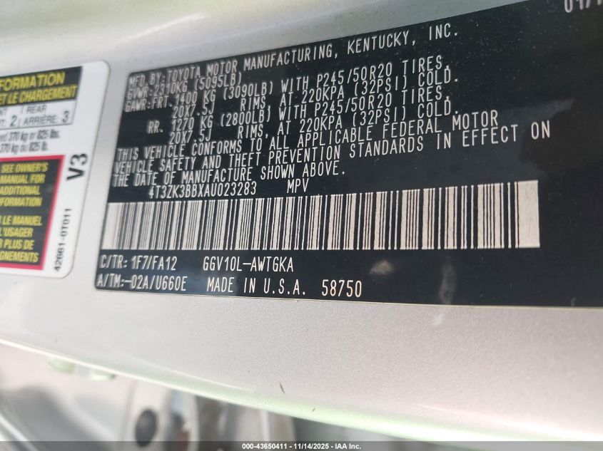 2010 Toyota Venza Base V6 VIN: 4T3ZK3BBXAU023283 Lot: 43650411