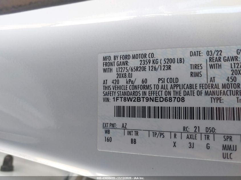 2022 Ford F-250 Platinum VIN: 1FT8W2BT9NED68708 Lot: 43650419