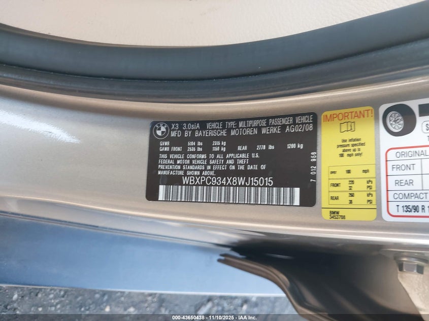 WBXPC934X8WJ15015 2008 BMW X3 photo no. 9