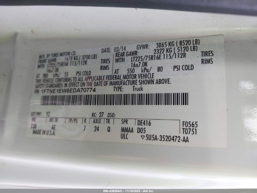 2014 Ford E-150 Commercial VIN: 1FTNE1EW6EDA70774 Lot: 43650441