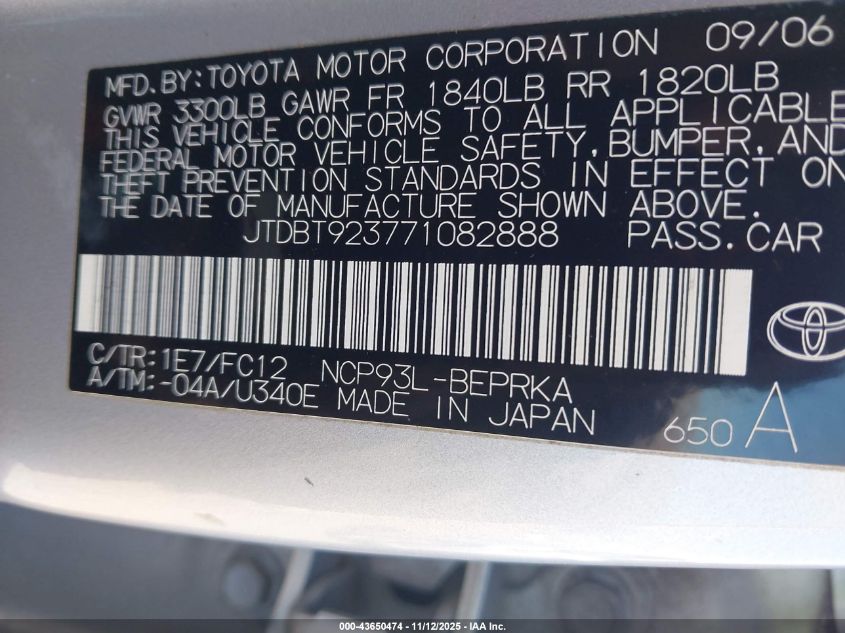 2007 Toyota Yaris VIN: JTDBT923771082888 Lot: 43650474