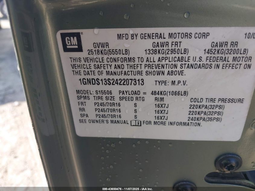 2004 Chevrolet Trailblazer Lt VIN: 1GNDS13S242207313 Lot: 43650476