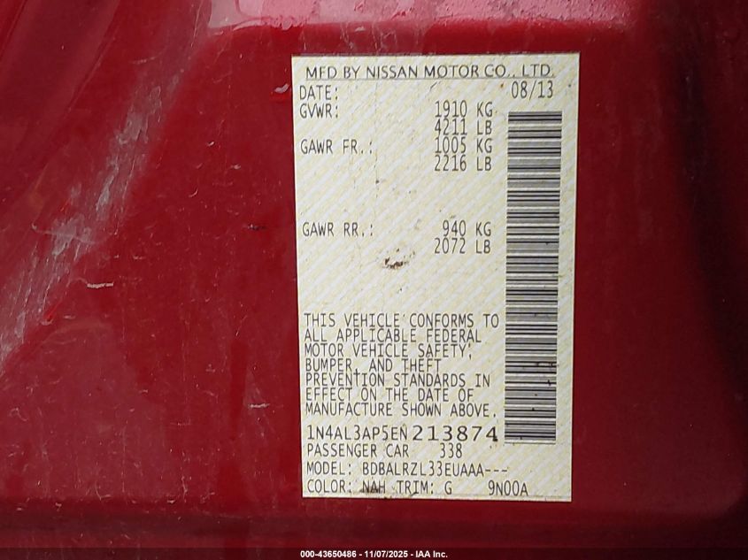 2014 Nissan Altima 2.5 S VIN: 1N4AL3AP5EN213874 Lot: 43650486